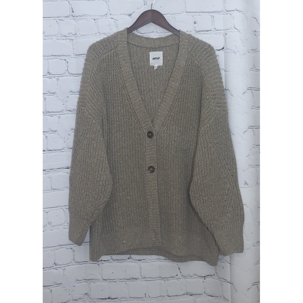 Aerie Chunky Knit Cardigan Womens XXL Beige Button Front Sweater